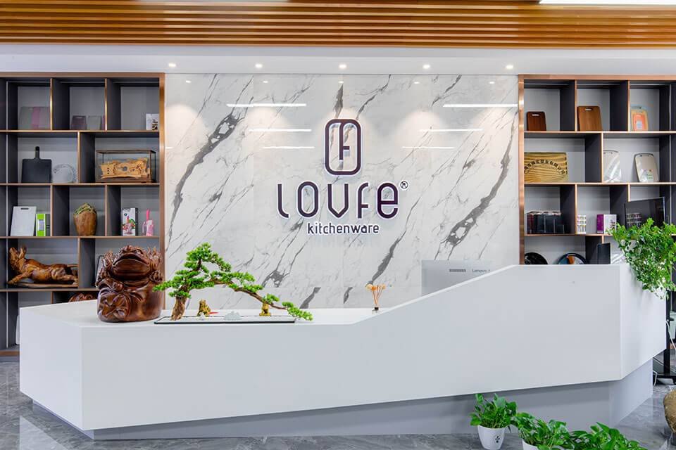 Company front desk with company logo